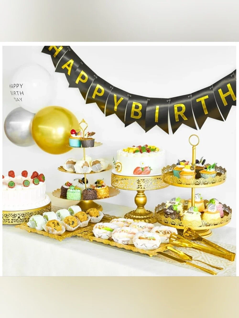 11 PC Gold Dessert Serving Set - Elegant Party Cake Stands & Trays NIB